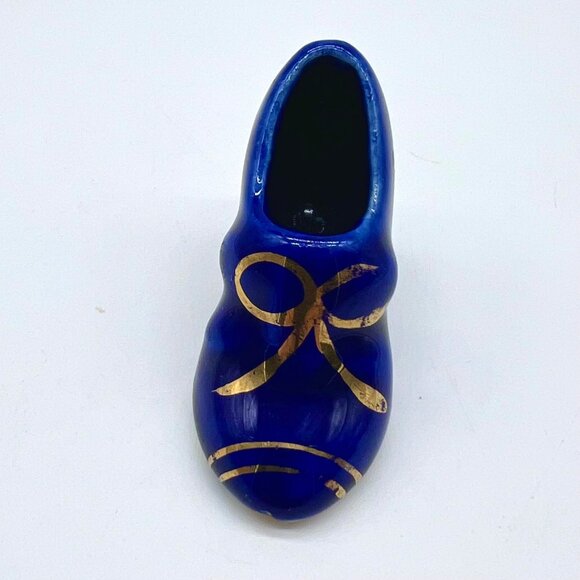 Vintage Blue Miniature Ceramic Shoe Figurine with Gold Bow Accents - Picture 6 of 8